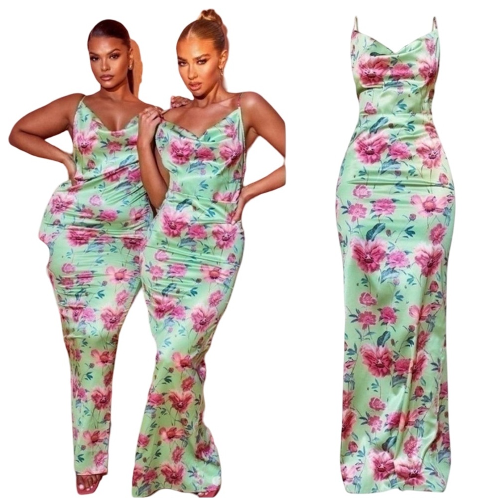 NWT Pretty Little Thing Green Pink Floral Satin Cowl Neck Maxi Dress Size 10